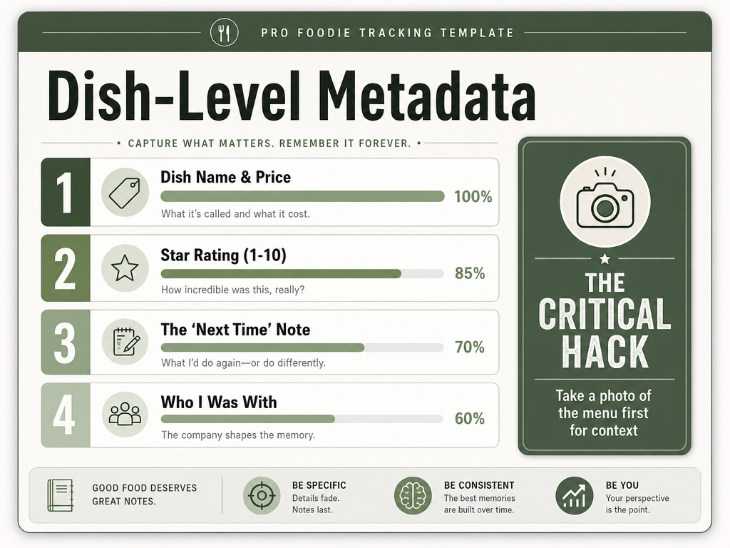 A digital template showing essential data points for tracking restaurant dishes, including dish name, rating, and the pro 'next time' note strategy.