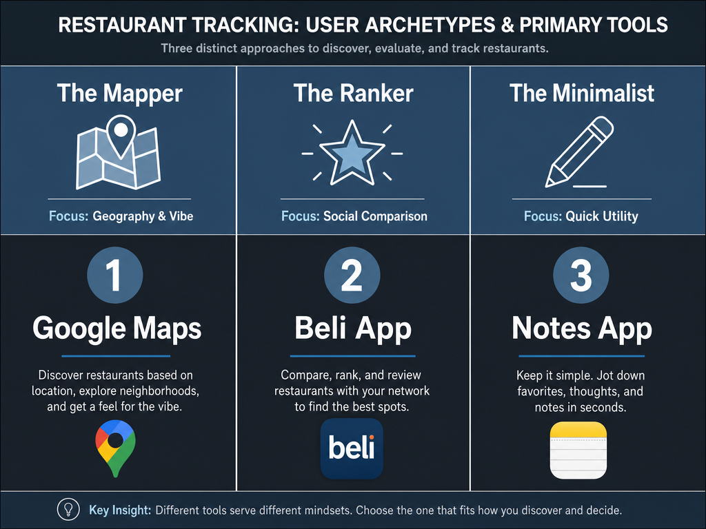 Comparison chart of three foodie archetypes: The Mapper, The Ranker, and The Minimalist, showing their preferred tracking tools and core focus areas.