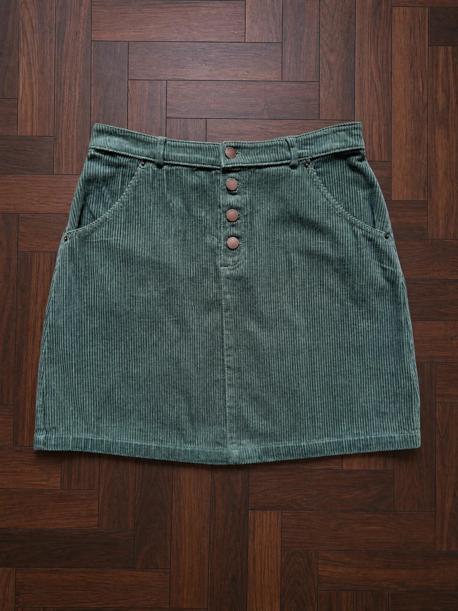 Teal Green Corduroy Mini Skirt with Button Front