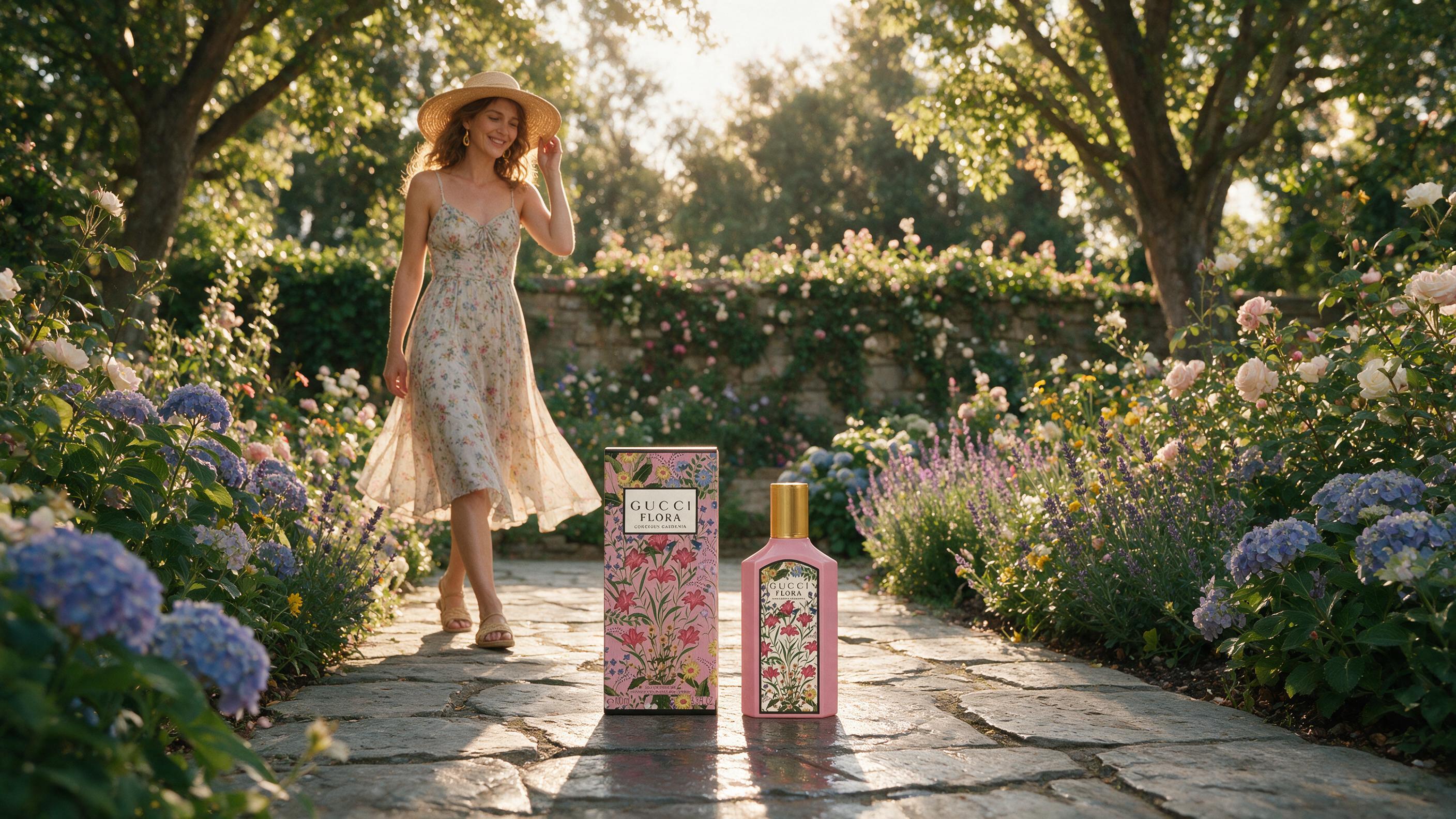 Lifestyle photo of a woman in a light summer dress walking through a blooming garden, soft golden hour sunlight, fresh a