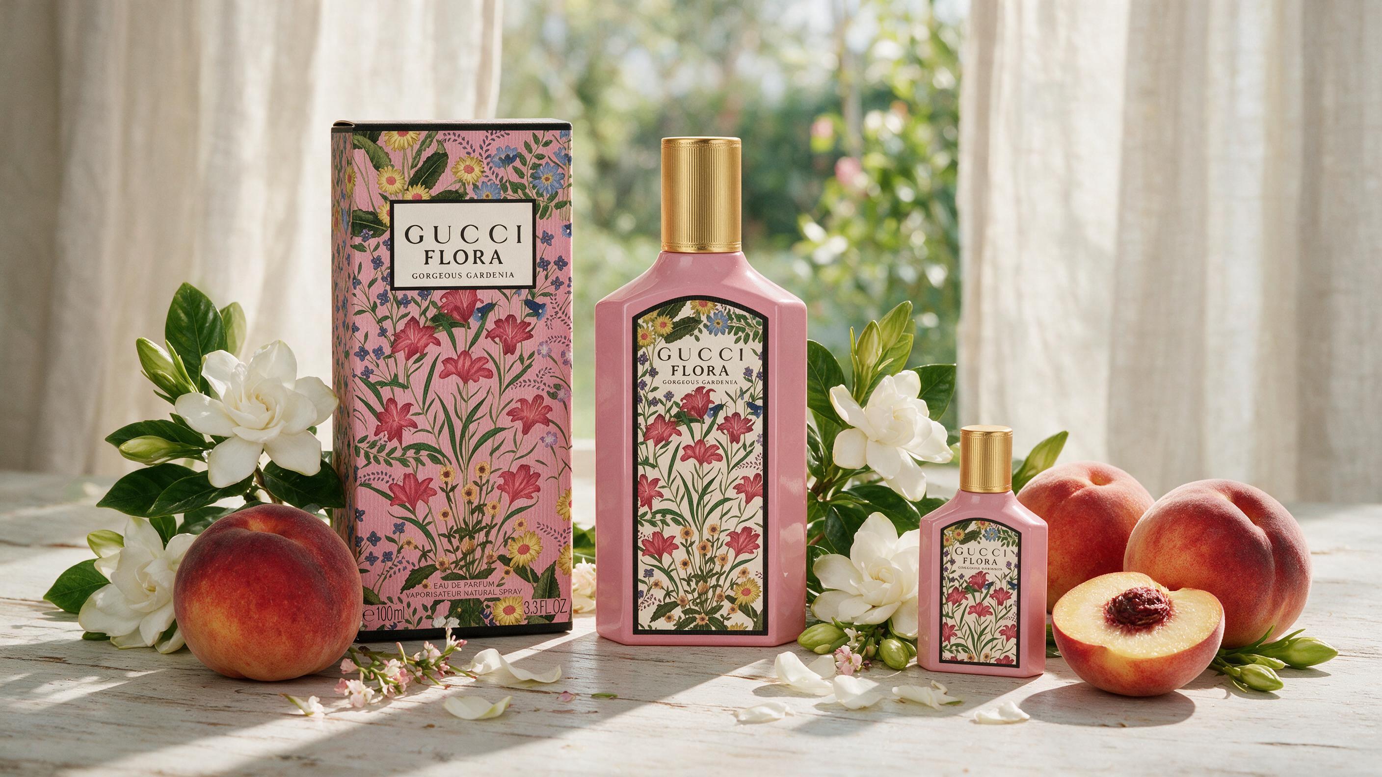 Elegant flat lay of several perfume bottles from the same fragrance family arranged with gardenia flowers and peach frui