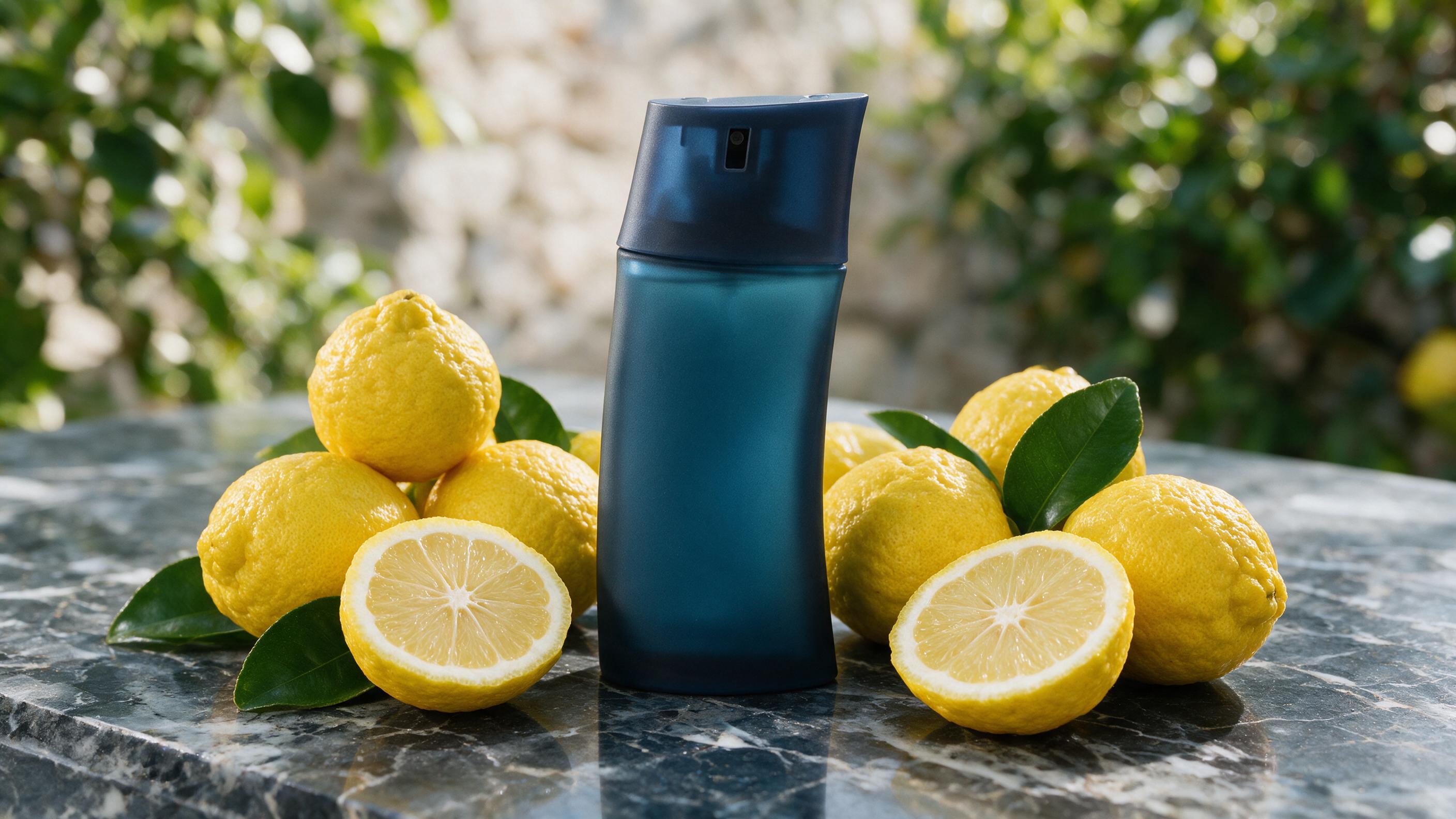 An elegant men's cologne bottle with a minimalist silver cap, placed on a marble surface, surrounded by fresh bergamot c