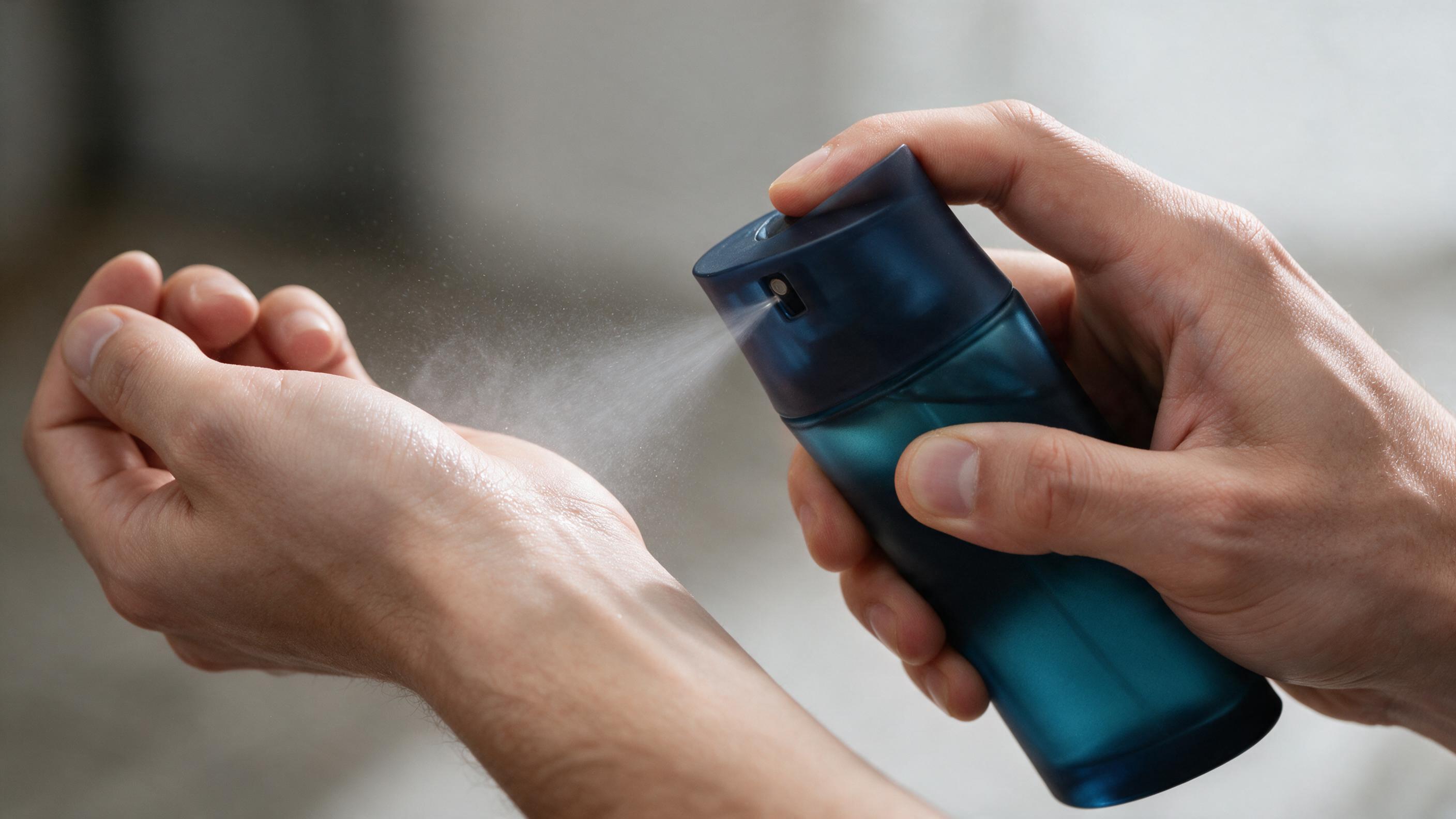 A hand applying a clear elegant men's cologne bottle with a silver cap near the wrist, close-up shot, soft studio lighti