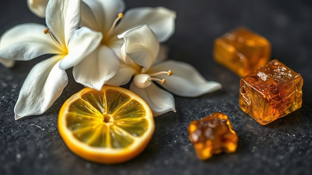 close-up macro photograph of white jasmine sambac flowers, bergamot citrus fruit slices, and amber resin chunks arranged