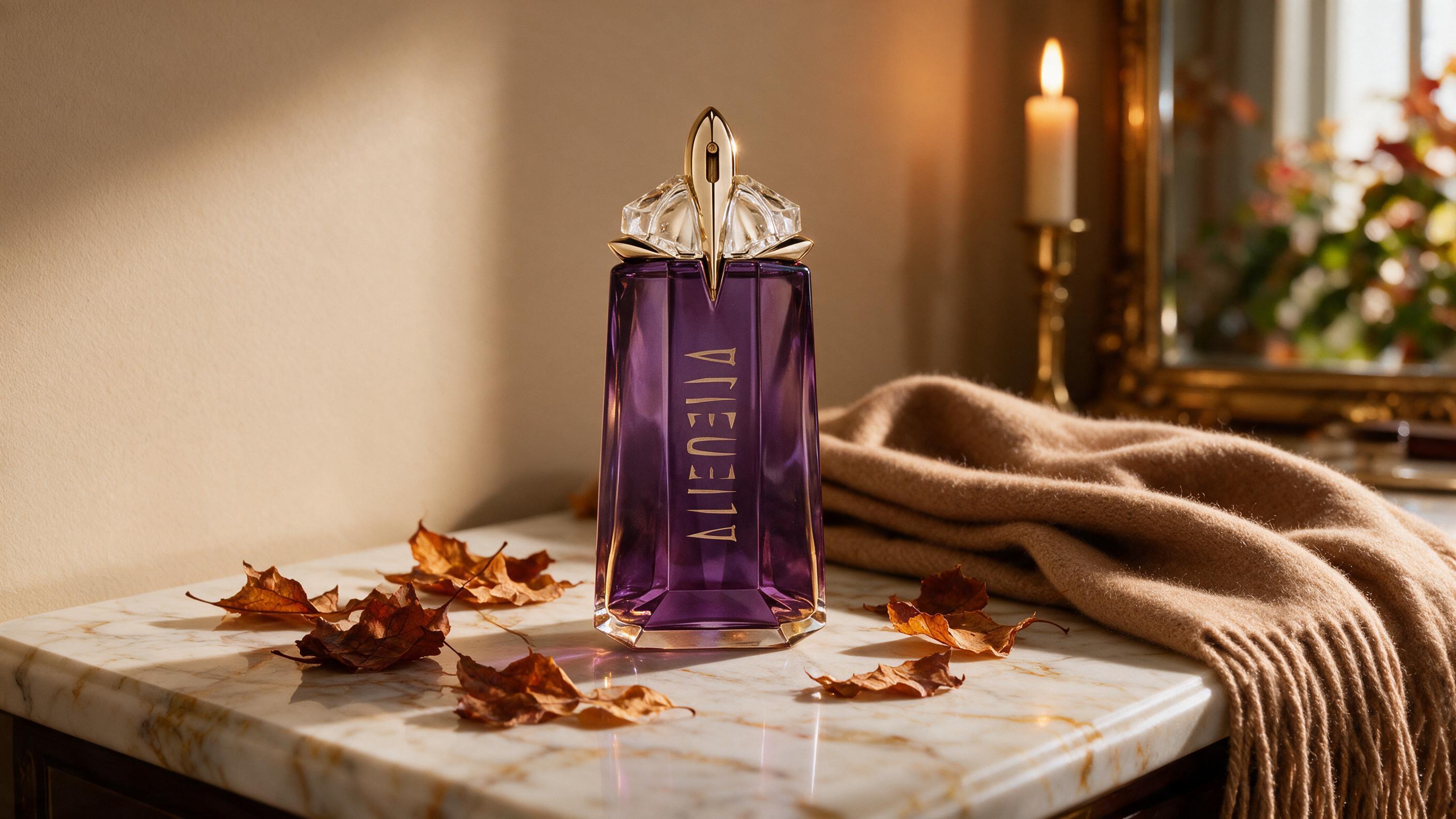 amethyst purple star-shaped perfume bottle placed on a marble vanity table surrounded by autumn dried leaves and a soft 