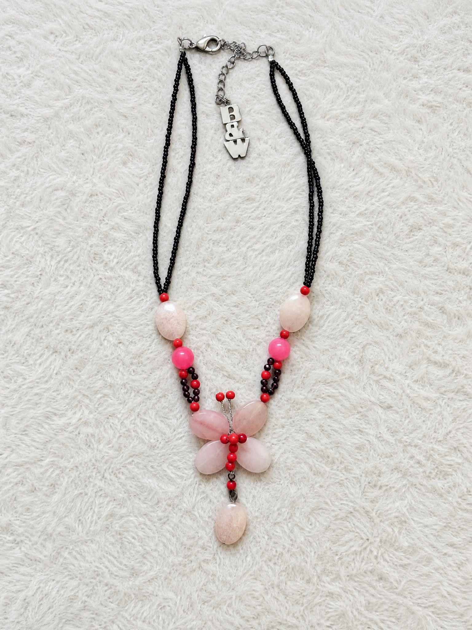 Long Beaded Butterfly Pendant Necklace in Pink & Red