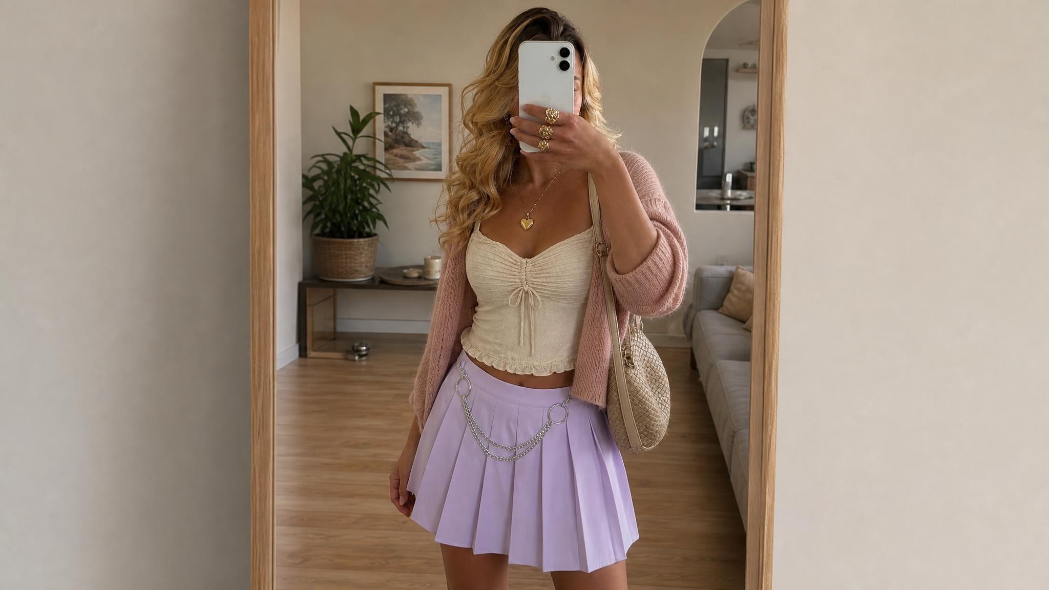 Pale Lilac Pleated Skater Skirt with Silver Chain Detail
