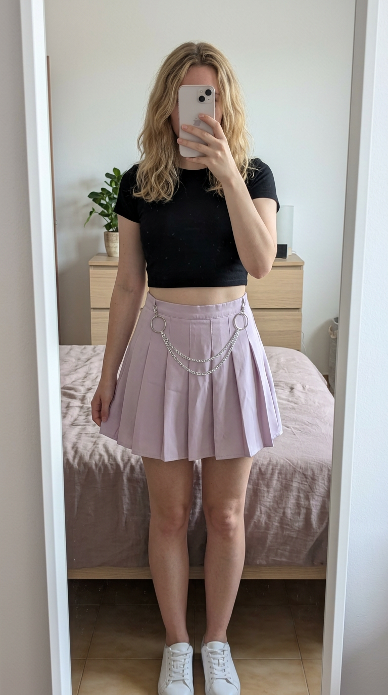Pleated lilac mini skirt with silver chain detail