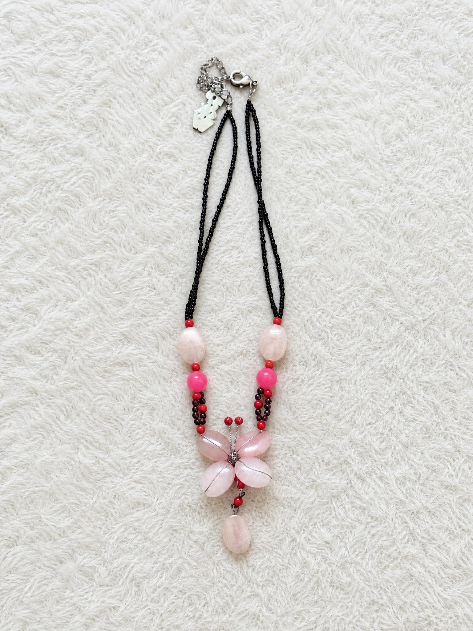 Long Pink Floral Statement Necklace with Black Beads