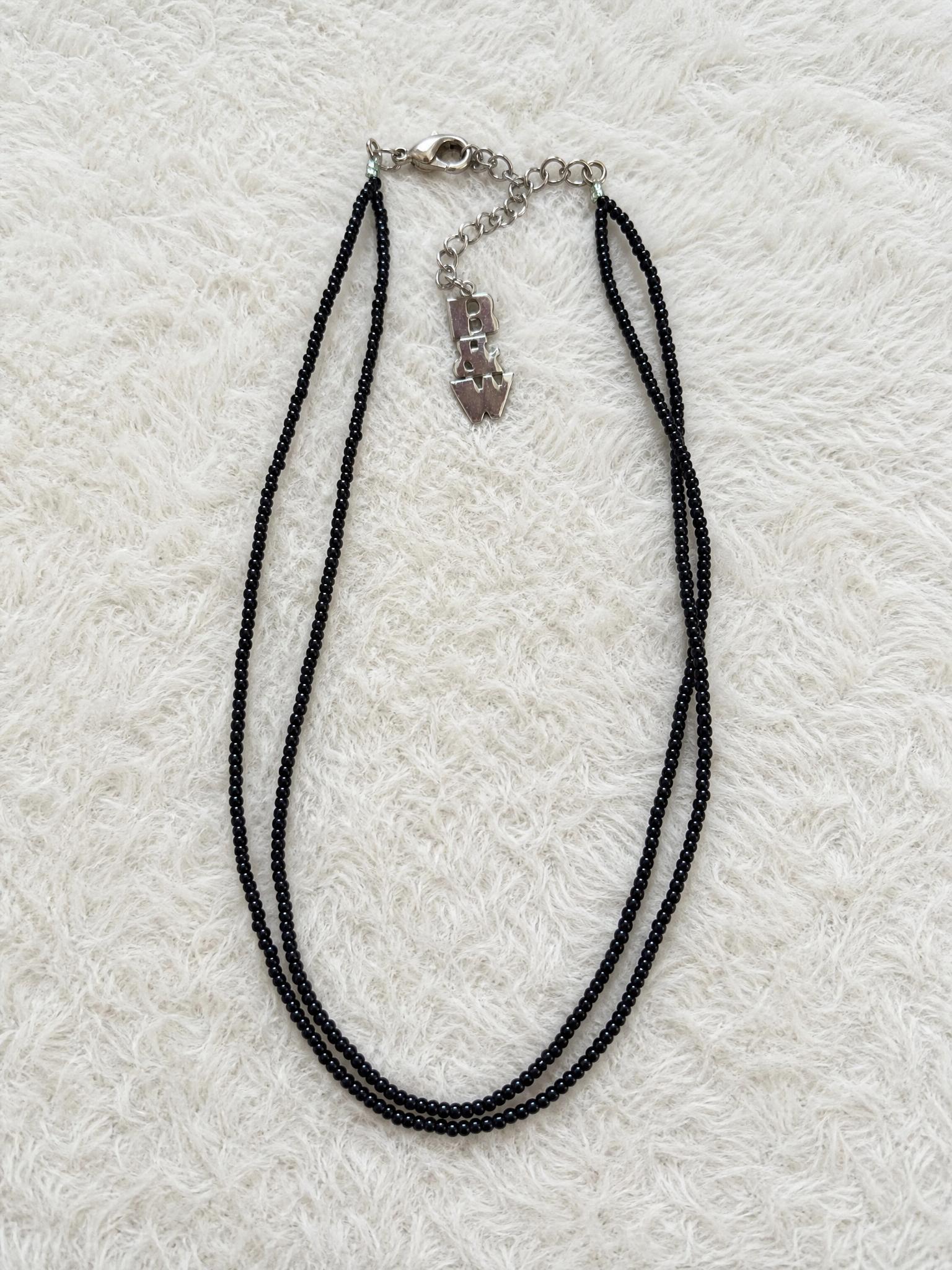 Black Beaded Double-Strand Necklace with Silver Pendant