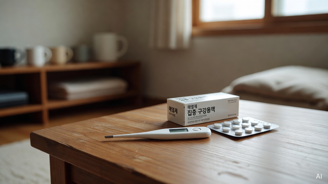digital thermometer placed next to medicine packaging on a wooden surface