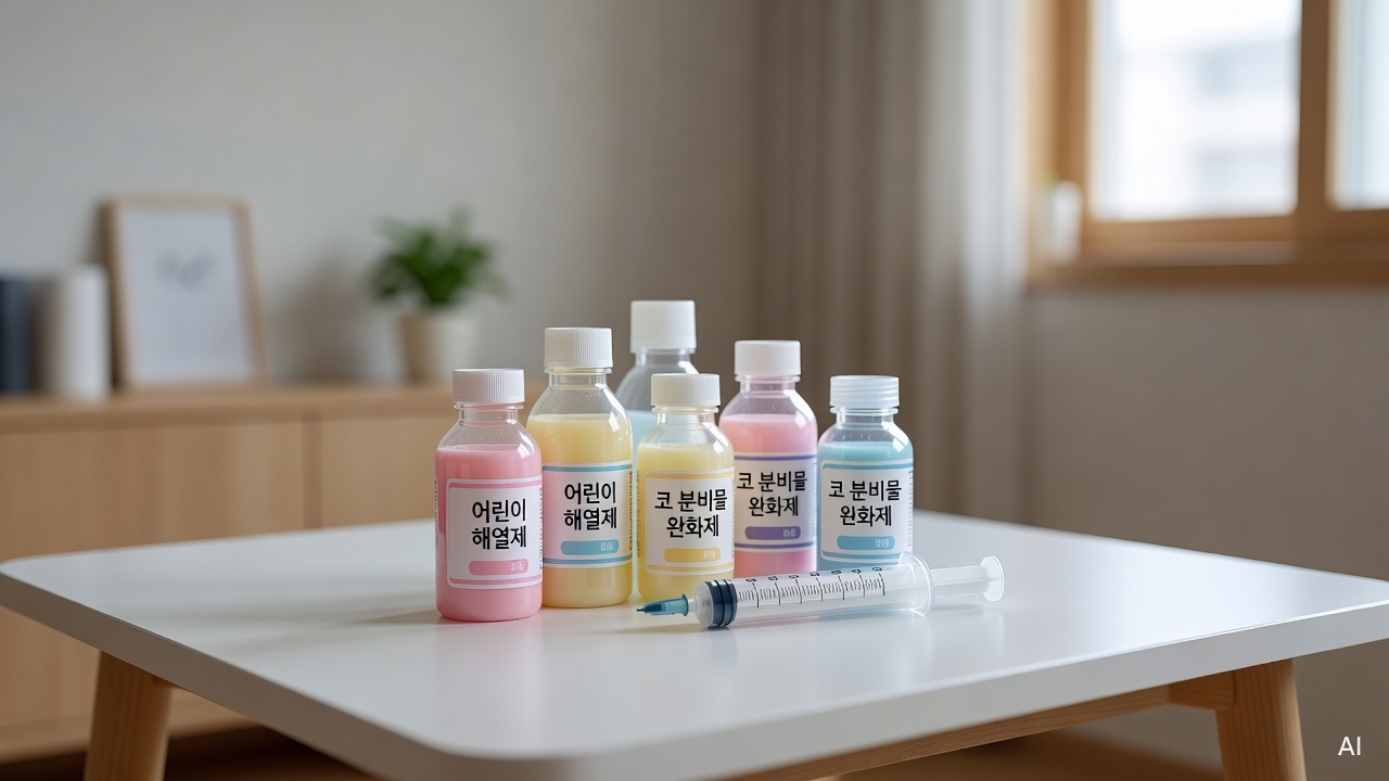 children's liquid medicine bottles and a measuring syringe on a white table