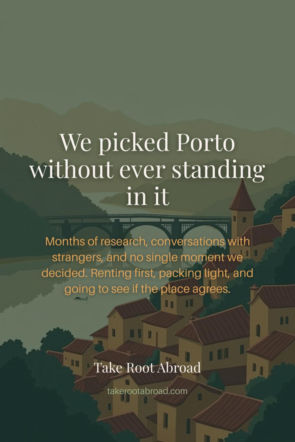 A hillside river city at golden hour, terracotta rooftops stepping down toward a wide river and an iron bridge