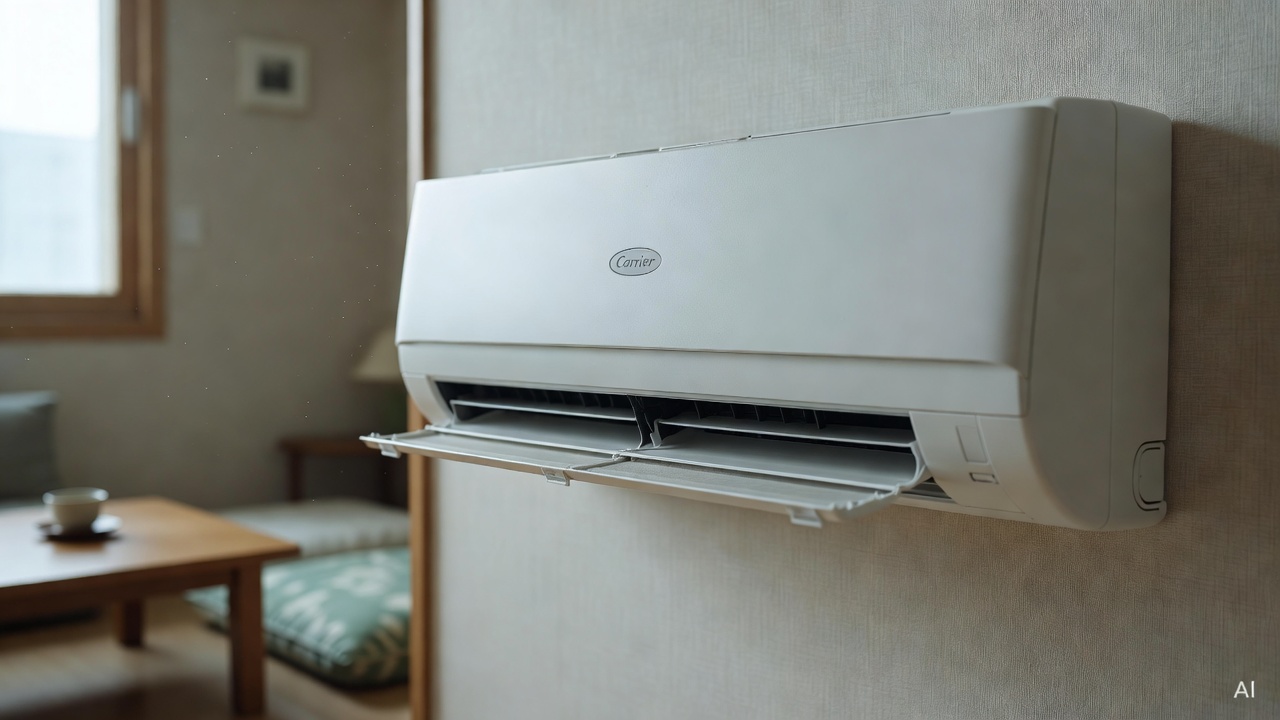 white Carrier air conditioner unit mounted on living room wall, filter panel open