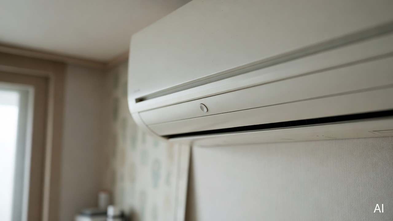 close-up of air conditioner inner panel with small reset button visible