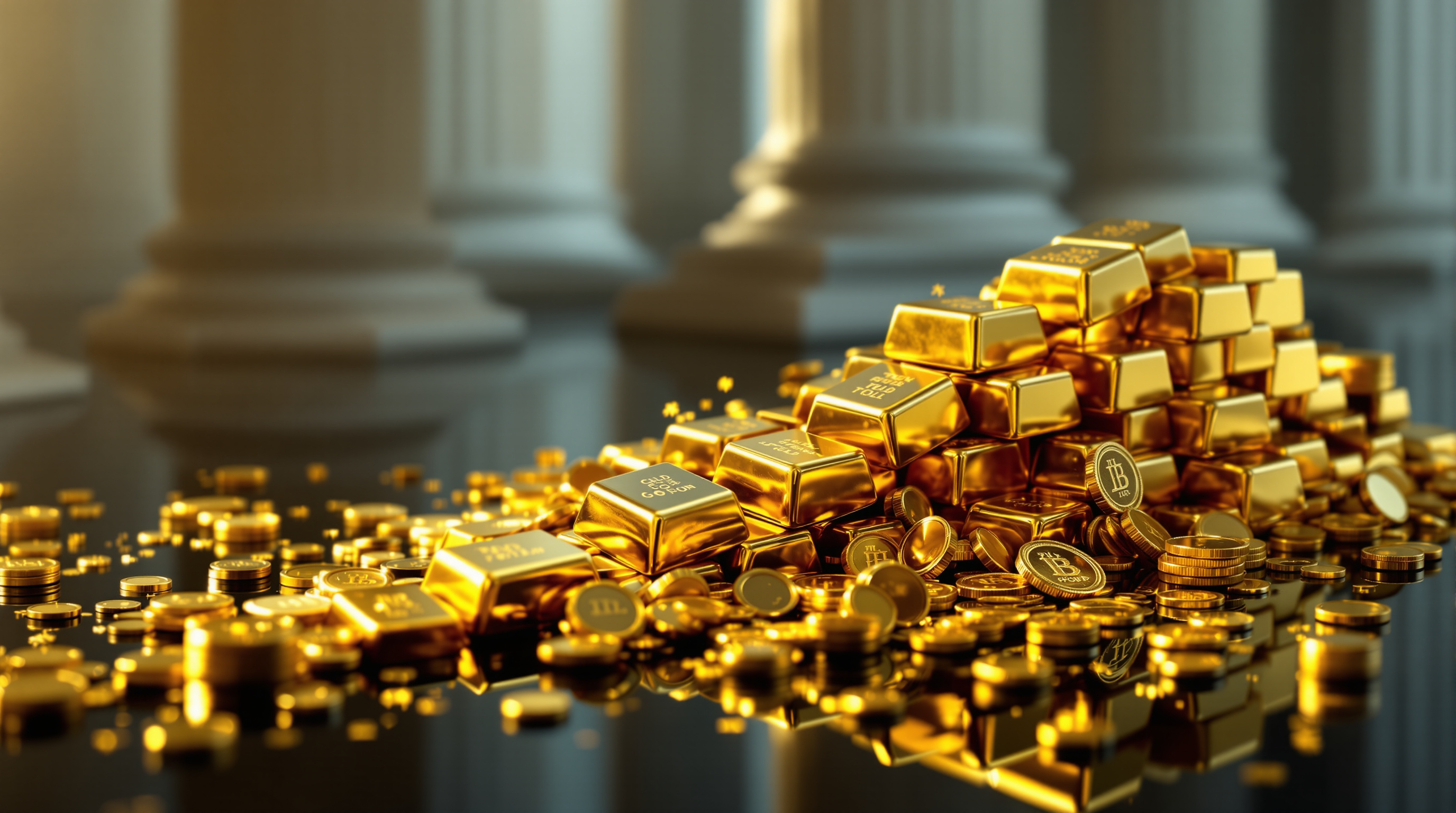 a cascade of polished gold bars and scattered gold coins mid-slide on a reflective black surface, with a solitary rising silver shard/coin set farther — editorial cover artwork for the Knightron story on Metals Tumble As Stocks Drift; Crypto Edges Higher Amid Regu