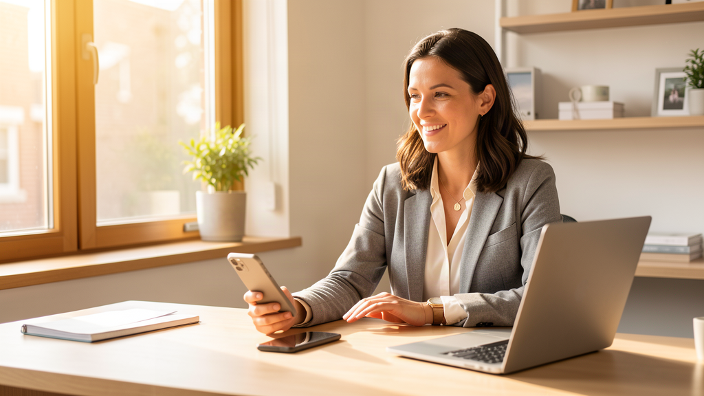 A friendly small business owner at a tidy desk with a modern phone and a laptop, warm natural light, a calm and approachable scene conveying that the technology behind answering calls is simple and stress-free