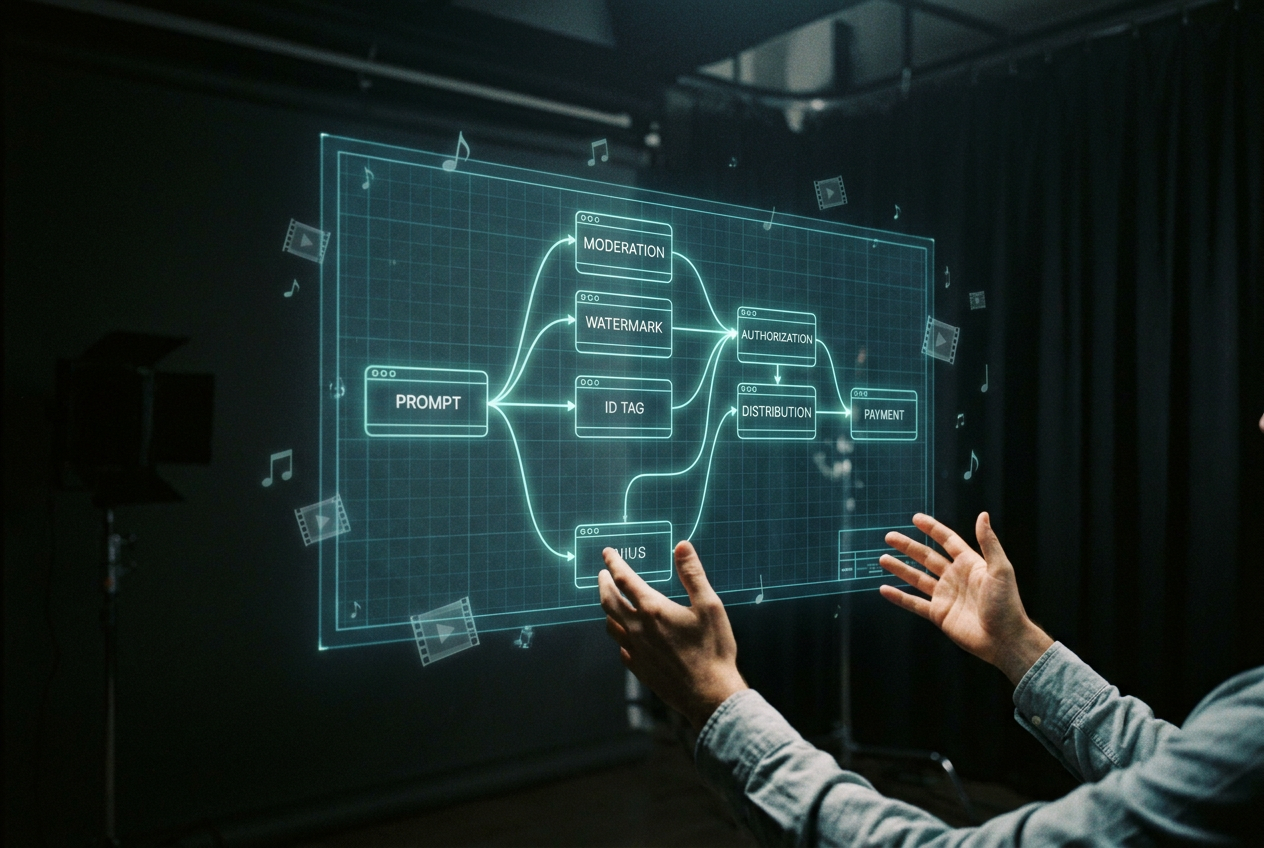 alt text for a digital blueprint showing the AI music creation pipeline from prompt to payment