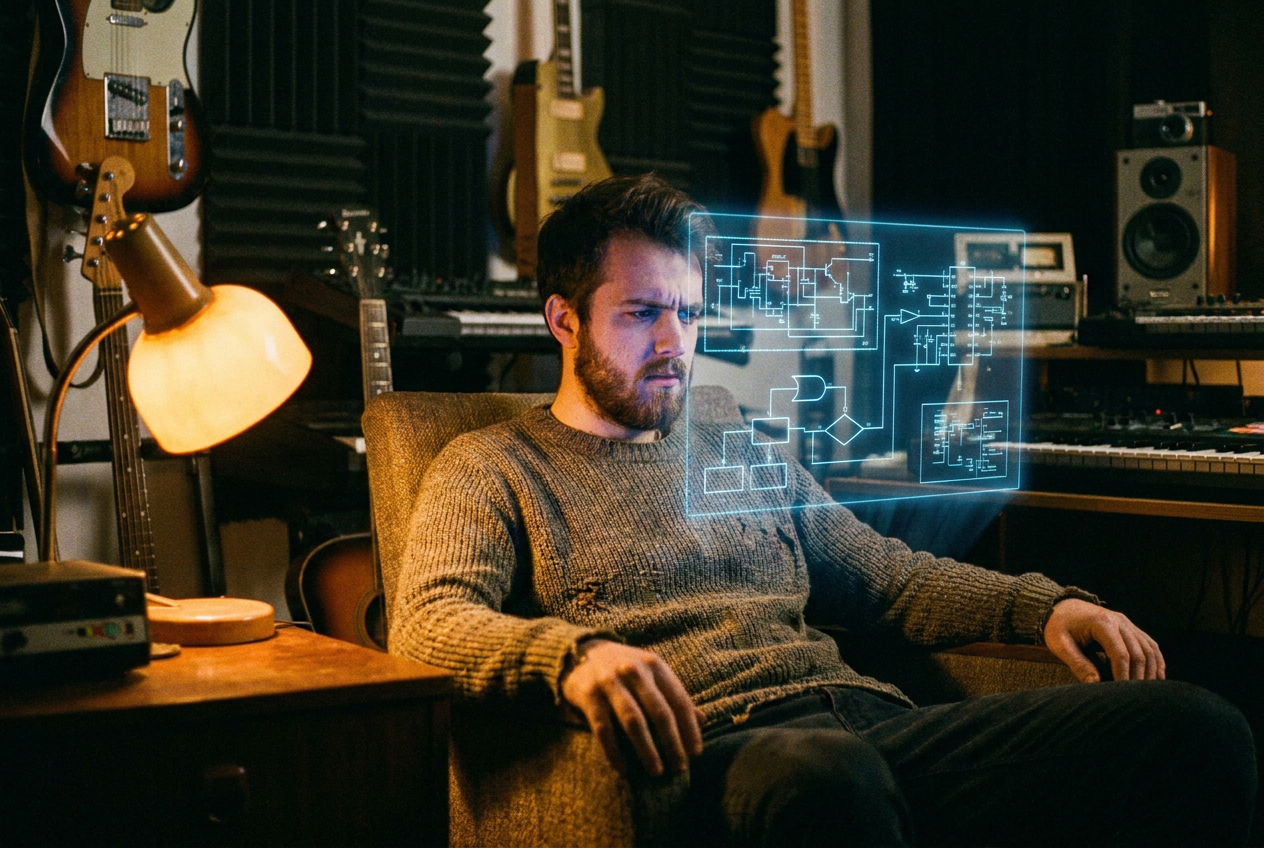alt text for a musician studying a holographic patent document