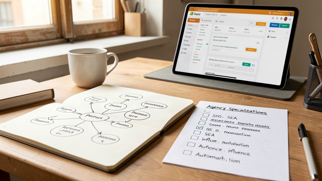 Table de travail d'un marchand e-commerce comparant des profils d'agences spécialisées