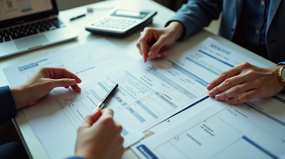 Des formulaires de demande de financement, une calculatrice et un ordinateur portable sur un bureau