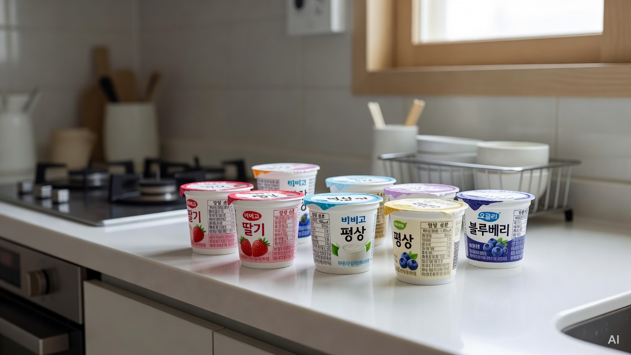several small yogurt cups arranged on a white kitchen counter with nutrition labels visible