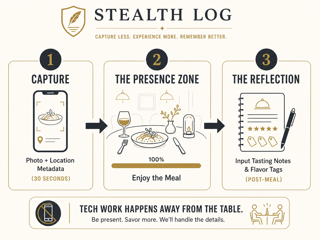 Process diagram for the stealth log workflow, showing how to capture food data quickly without disrupting the dining experience.