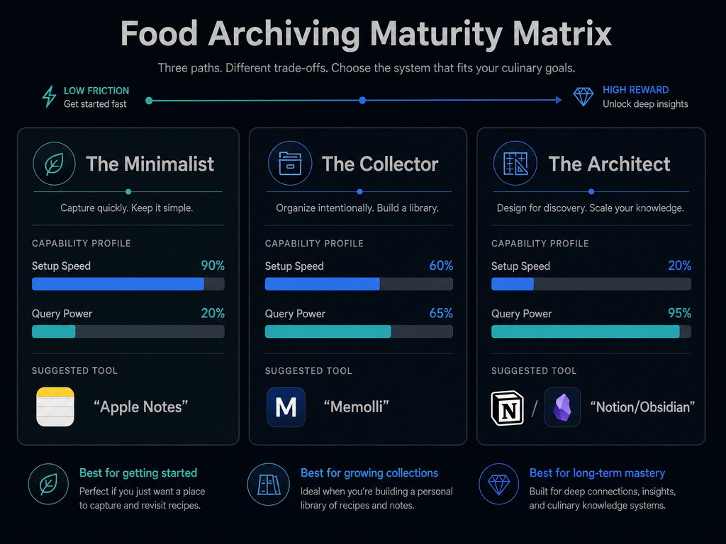 A comparison chart showing the setup speed versus query power for Apple Notes, dedicated food apps, and relational databases like Notion.