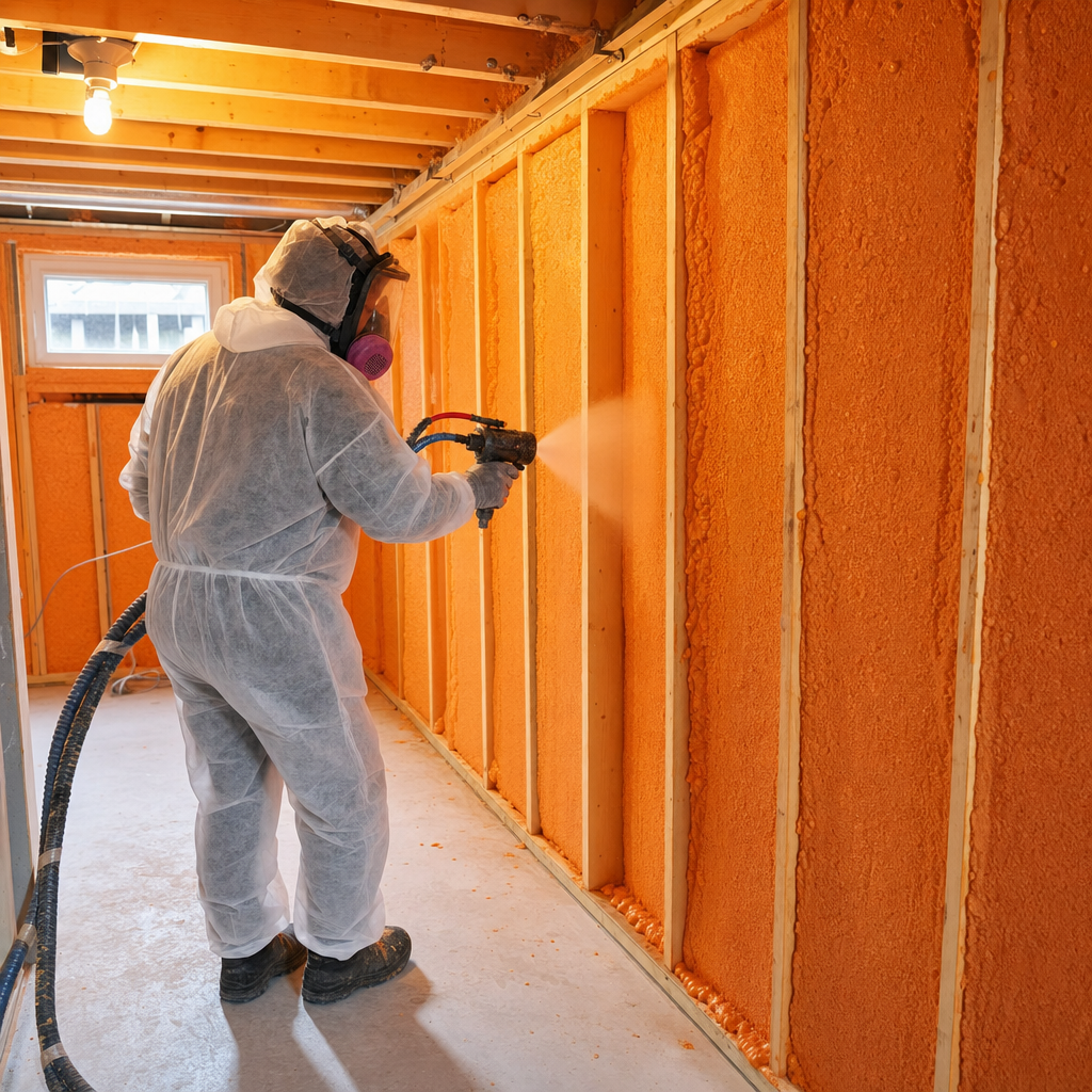 Professional contractor applying closed-cell spray foam insulation to Calgary home basement walls, bright orange foam on concrete walls, professional safety gear