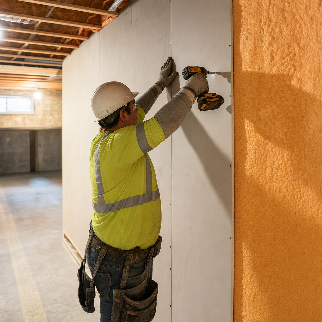 Construction worker applying drywall thermal barrier over orange spray foam insulation in a Calgary basement, fire code compliance