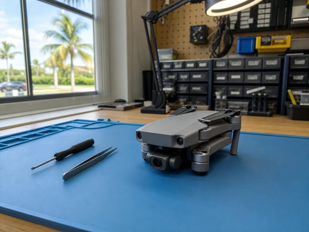 Compact consumer drone with folded arms on a blue repair mat beside idle precision tools — drone repair in Boca Raton, Florida