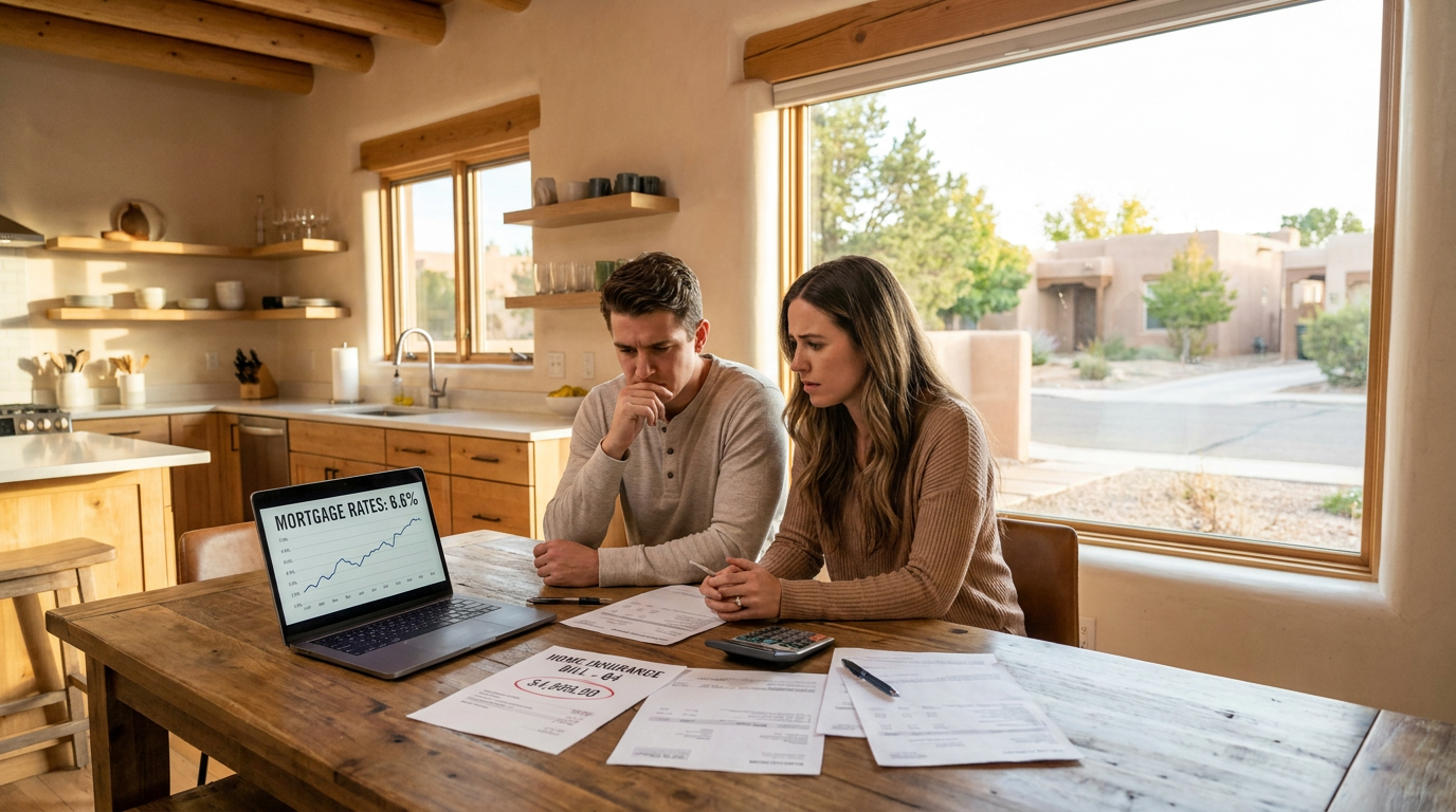 Young couple at a kitchen table in a Southwestern home, worried expressions as they review a detaile