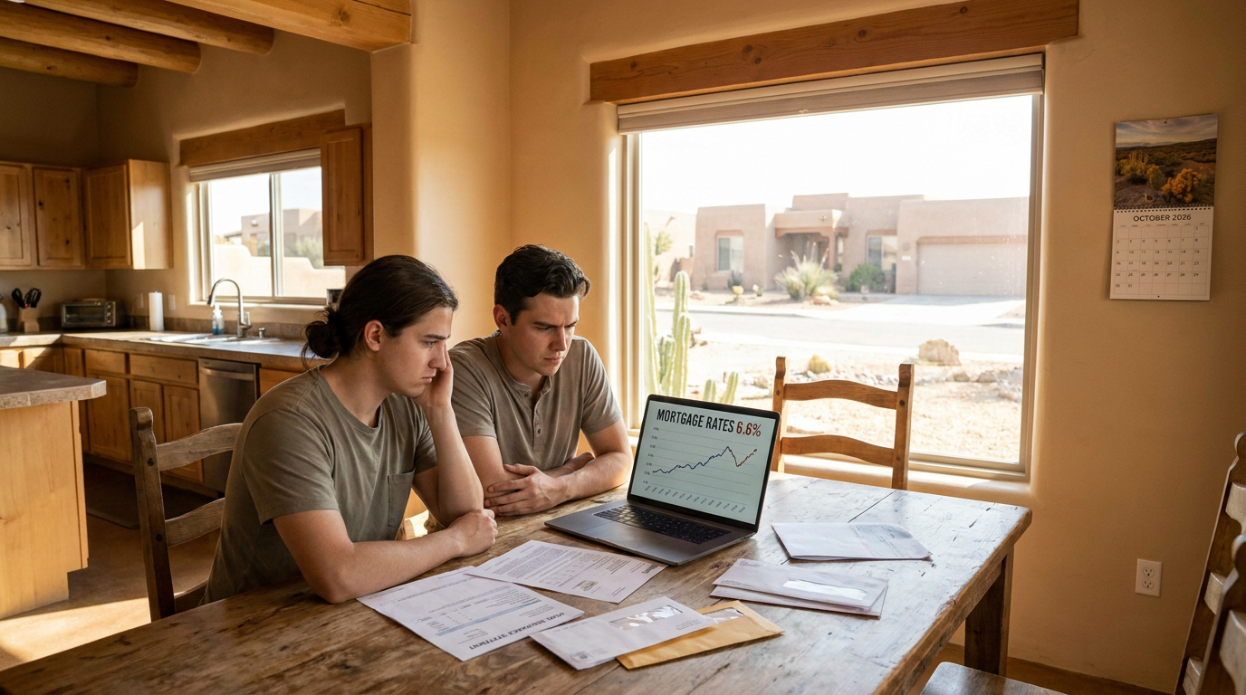 Young couple at a kitchen table in a Southwest-style home, laptop open to a mortgage rate chart show