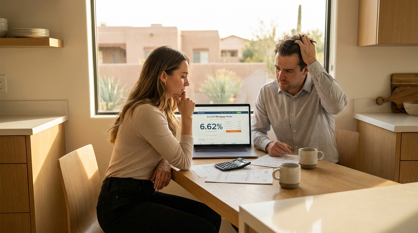 Young couple in a kitchen at a home office nook, laptop open to a mortgage rate comparison page show