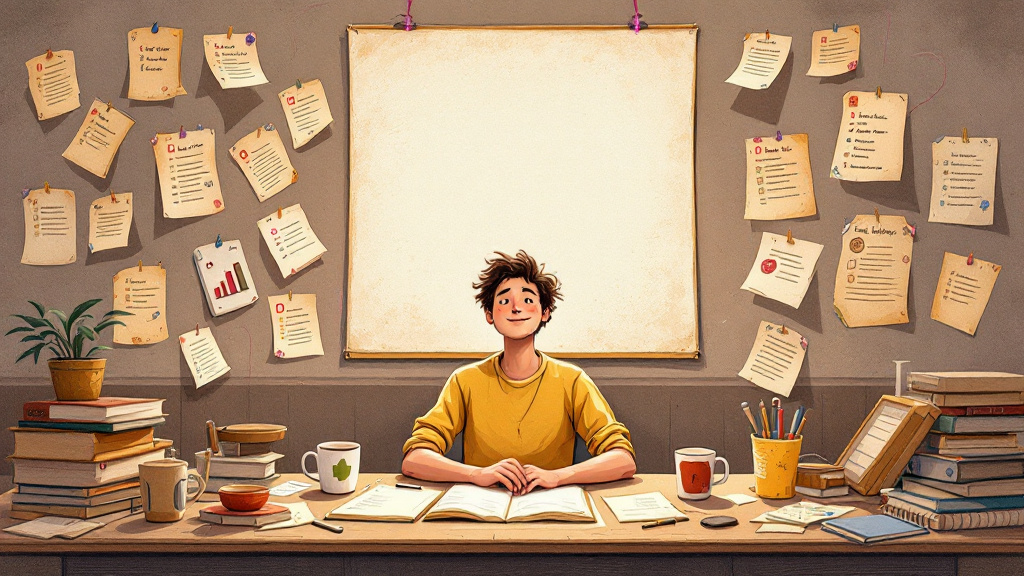 A person surrounded by old productivity tools, with a single purple thread leading to a clean canvas