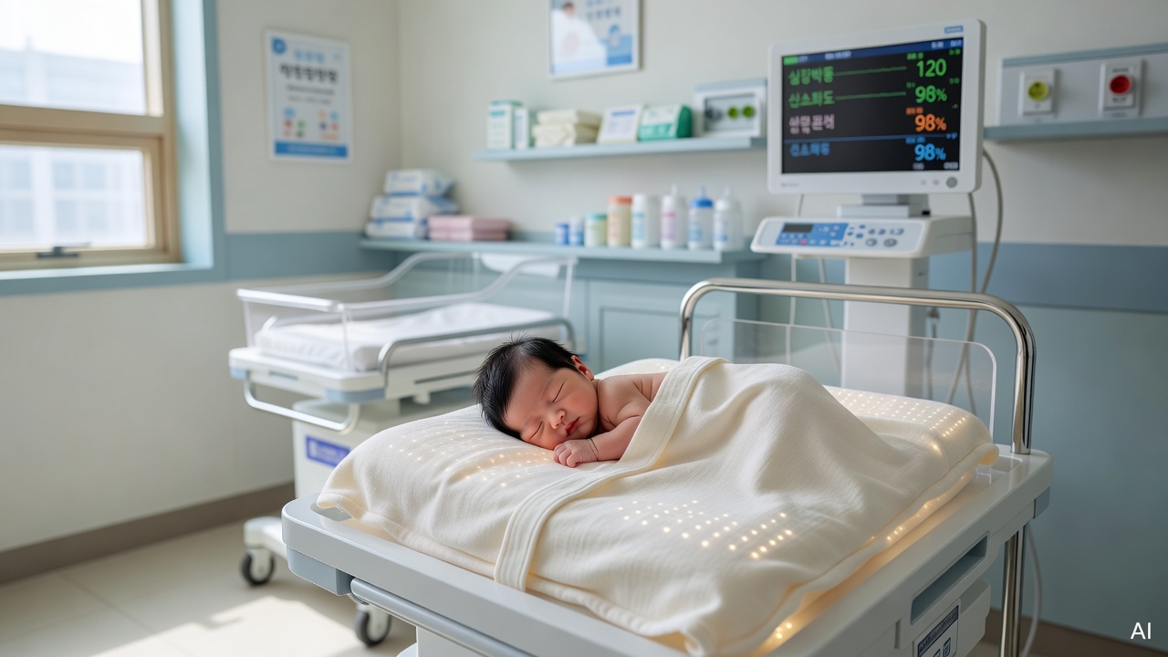 small baby lying on a light therapy blanket in a hospital nursery room