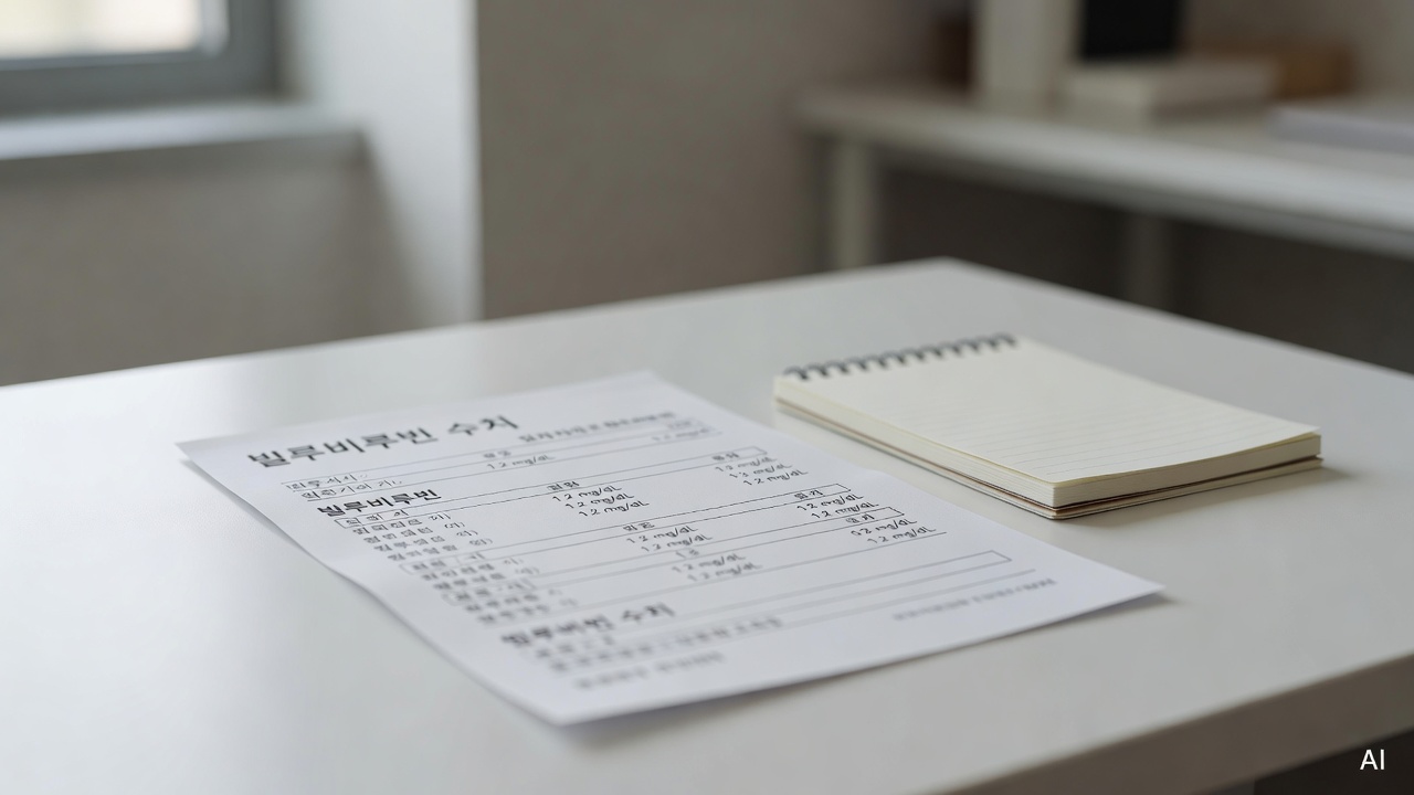close-up of a medical bilirubin test report on a white desk with a small notebook beside it