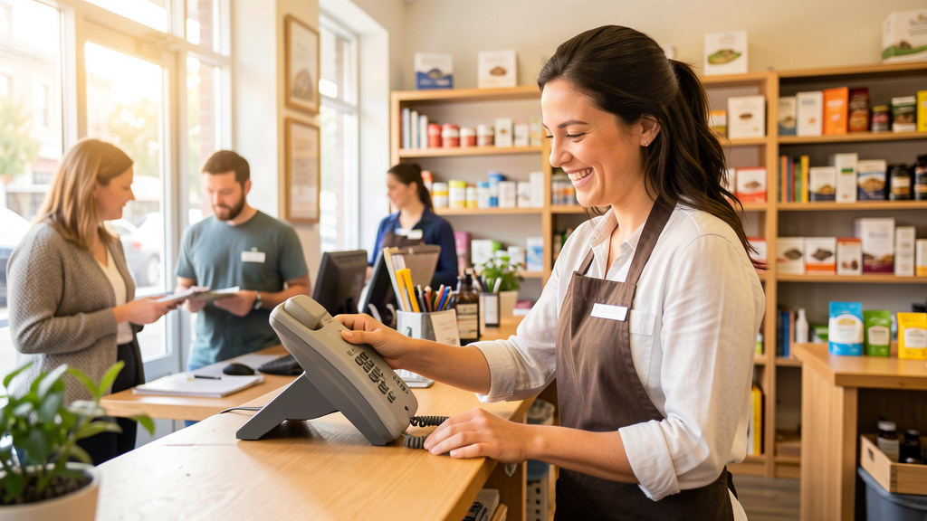 A bright and busy storefront with a smiling store employee behind the counter serving a customer, shelves stocked behind them, conveying a successful, trusted business that never misses a call