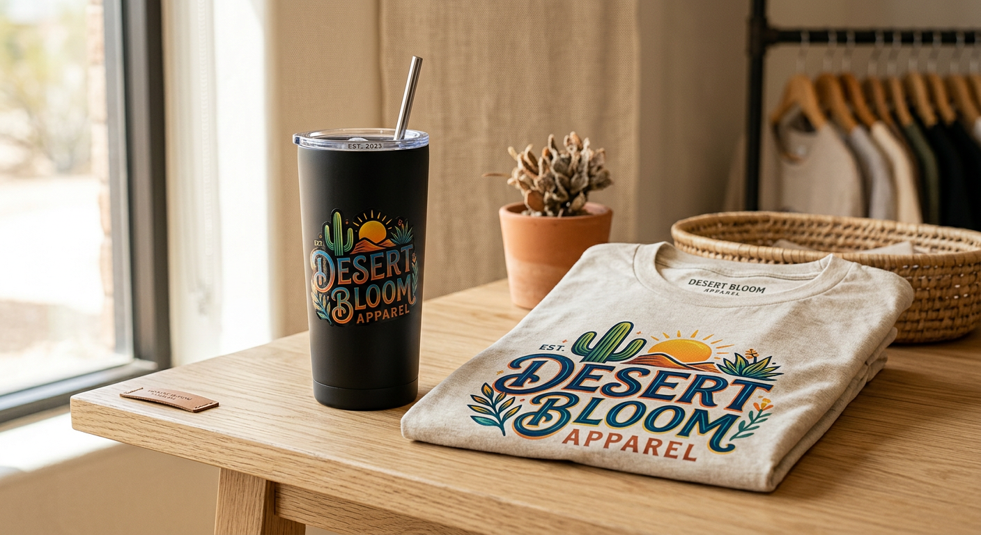 Photorealistic product styling scene with a finished branded tumbler featuring a glossy UV DTF decal beside a folded T-shi...