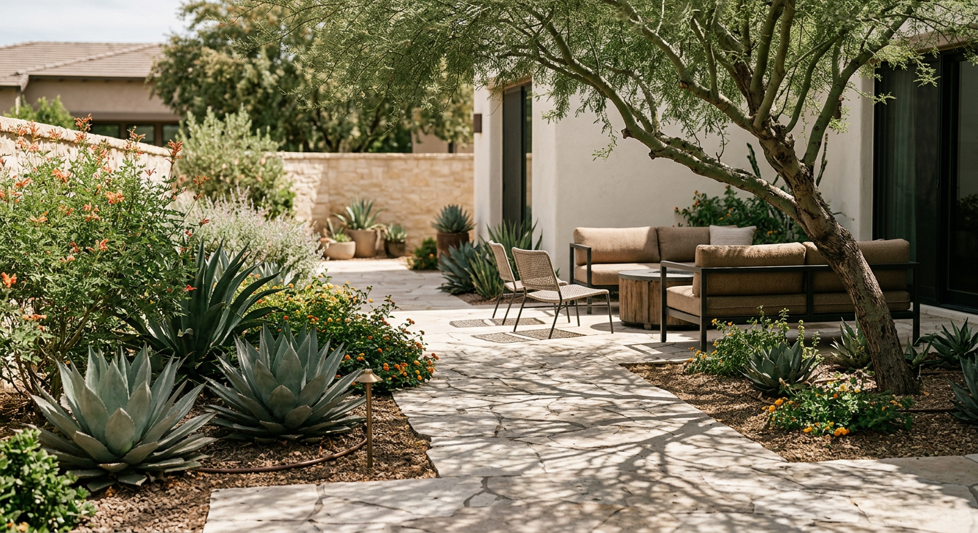Janet Waibel Sustainable Landscape Design for Luxury Arizona Homes | Luxury Landscape Architecture Scottsdale & Phoenix | Waibel & Associates Photorealistic close view of a refined Paradise Valley courtyard showing a mature desert tree casting patterned shade acro...