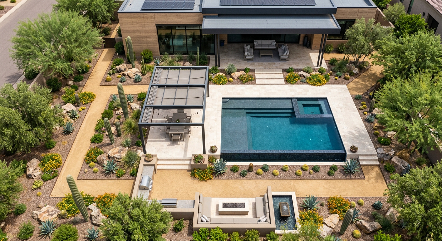 Photorealistic overhead view of a Scottsdale custom home landscape plan translated into reality, showing a geometric pool,...