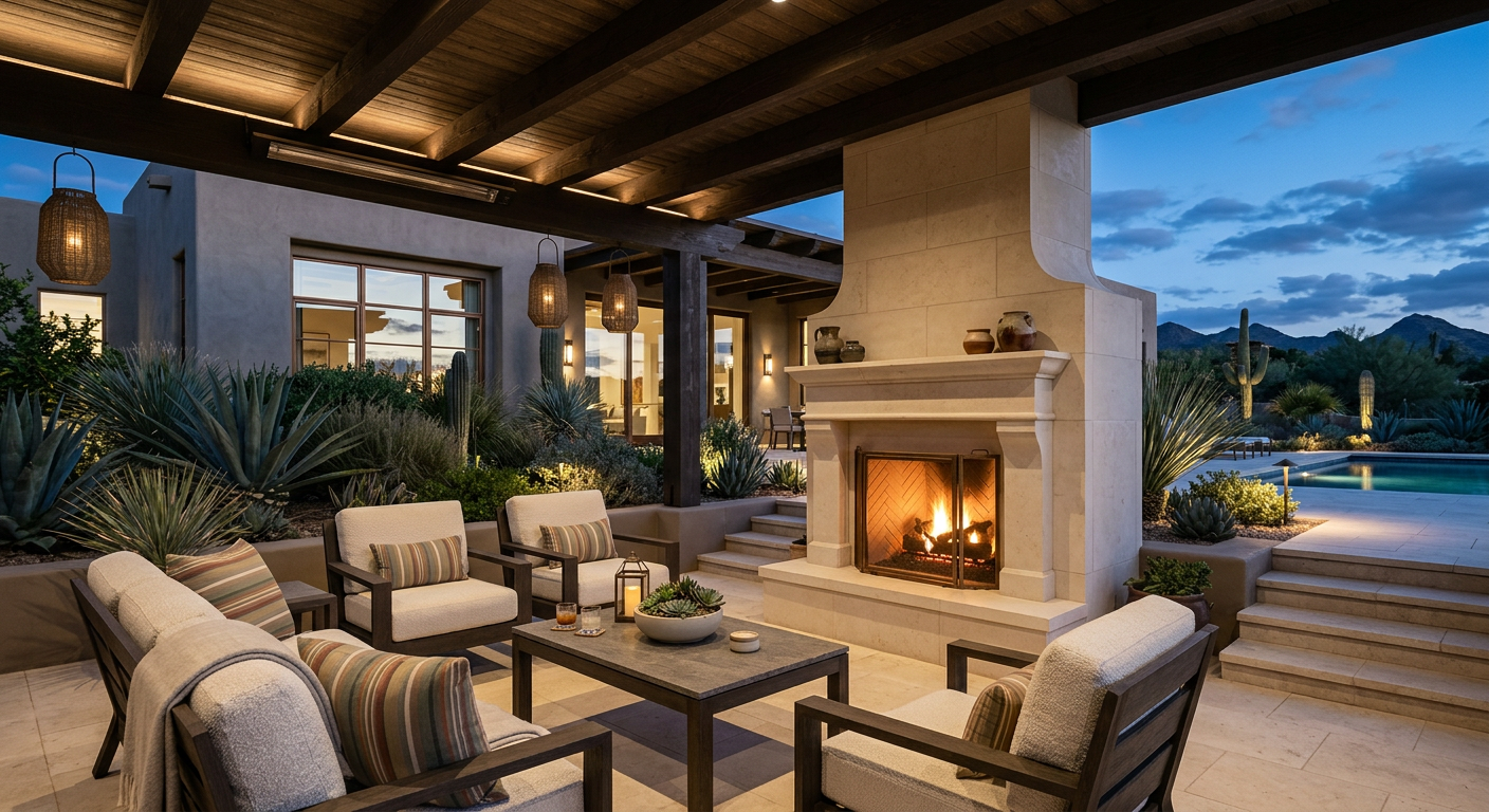 Photorealistic close view of an elegant Scottsdale outdoor living area with a deep shaded pergola, limestone fireplace, ta...