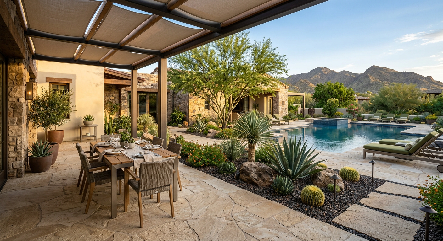 When to Hire a Landscape Architect for Luxury Arizona Homes | Luxury Landscape Architecture Scottsdale & Phoenix | Waibel & Associates Photorealistic finished luxury outdoor living environment in Scottsdale, Arizona, showing a shaded dining terrace, texture...