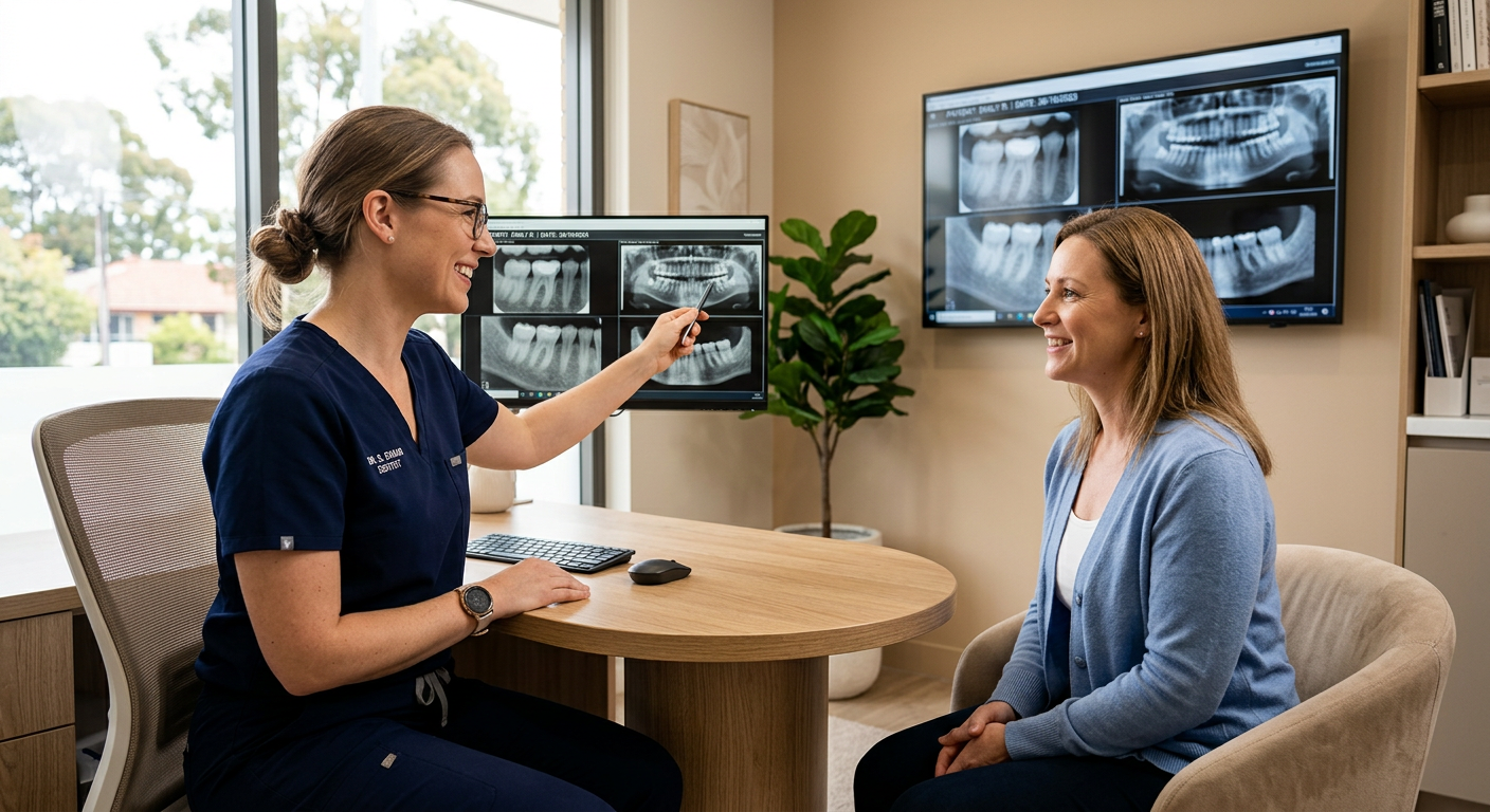Family Dentist Park Scottsdale: Comfortable Care for Every Age | Scottsdale Dentist | Cosmetic & Family Dentist 85250 Photorealistic image of a compassionate female dentist reviewing digital dental images with an adult patient in a modern c...