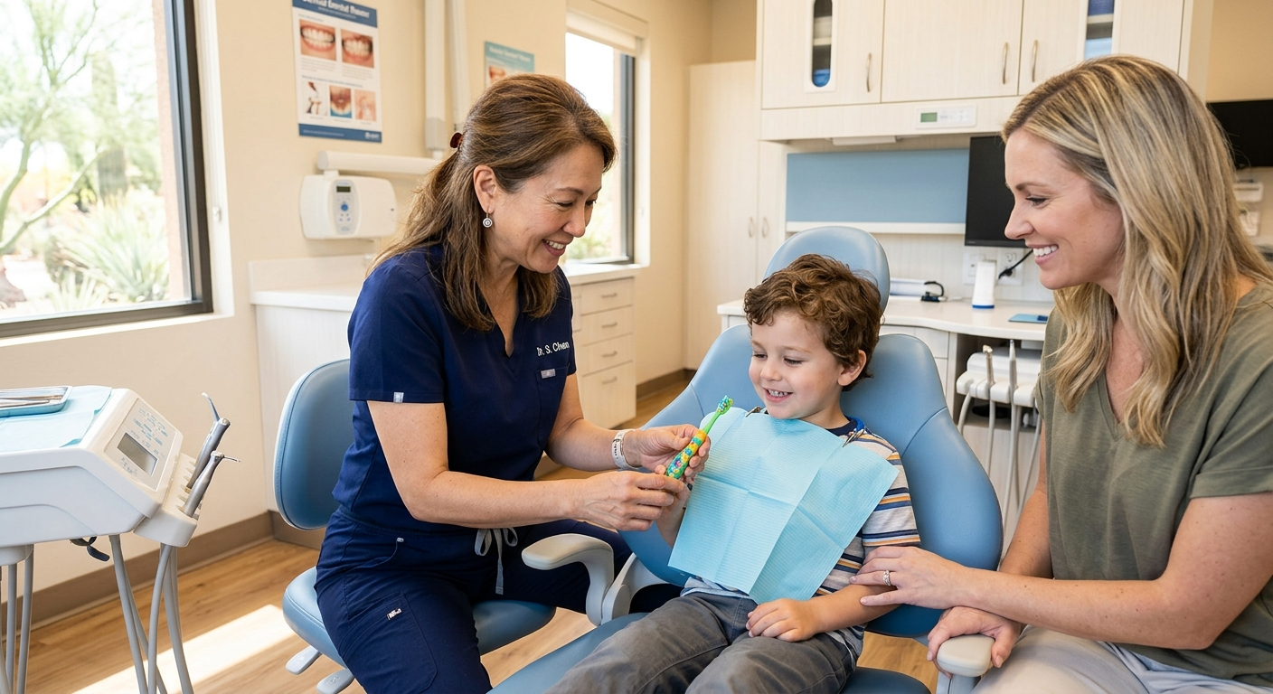 Family Dentist Park Scottsdale: Comfortable Care for Every Age | Scottsdale Dentist | Cosmetic & Family Dentist 85250 Photorealistic candid scene of a female dentist gently showing a young child a toothbrush while the child’s parent sits ne...