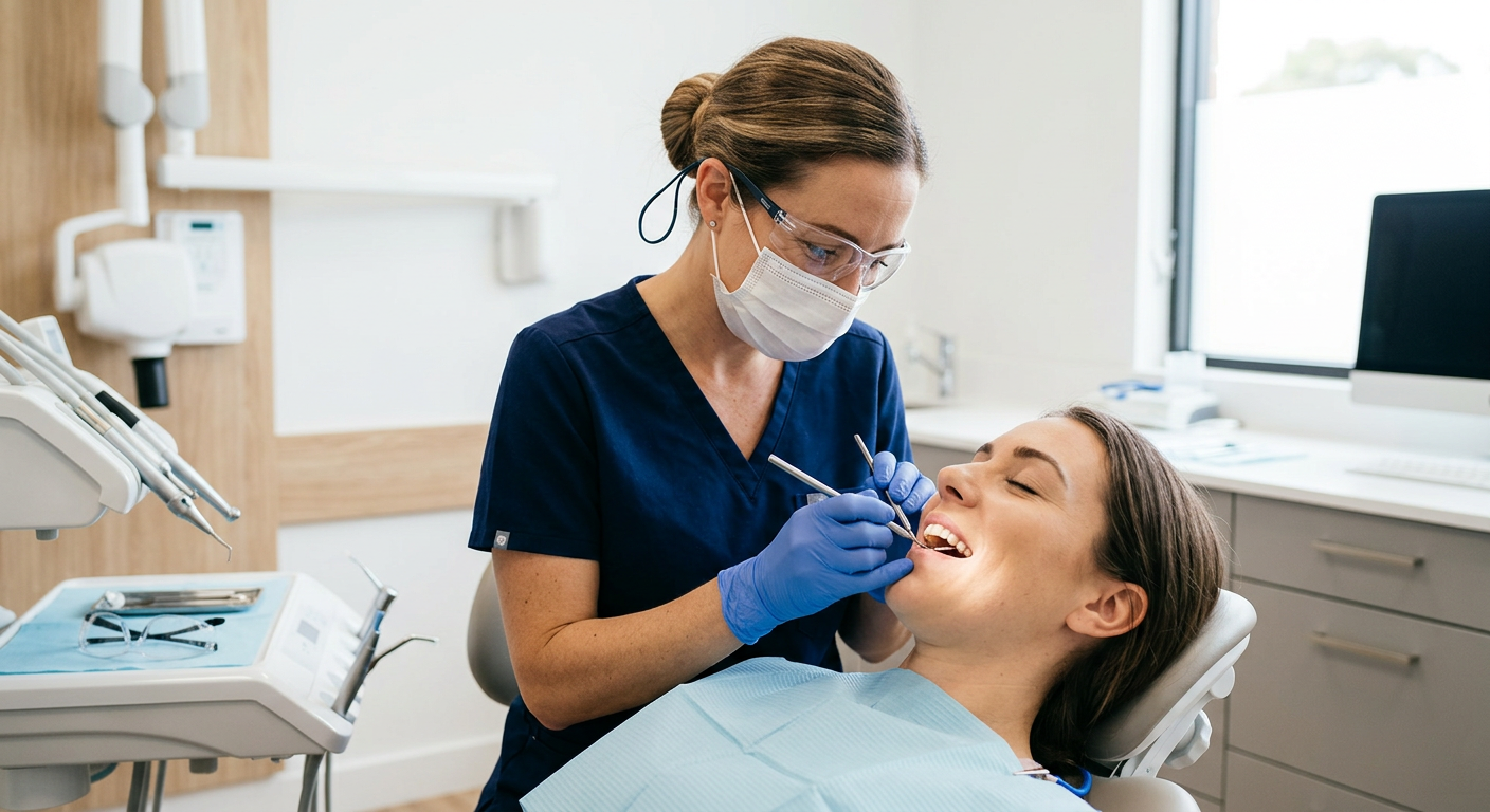 Photorealistic close-up of a female dentist wearing professional clinical attire using a dental mirror during a gentle pre...