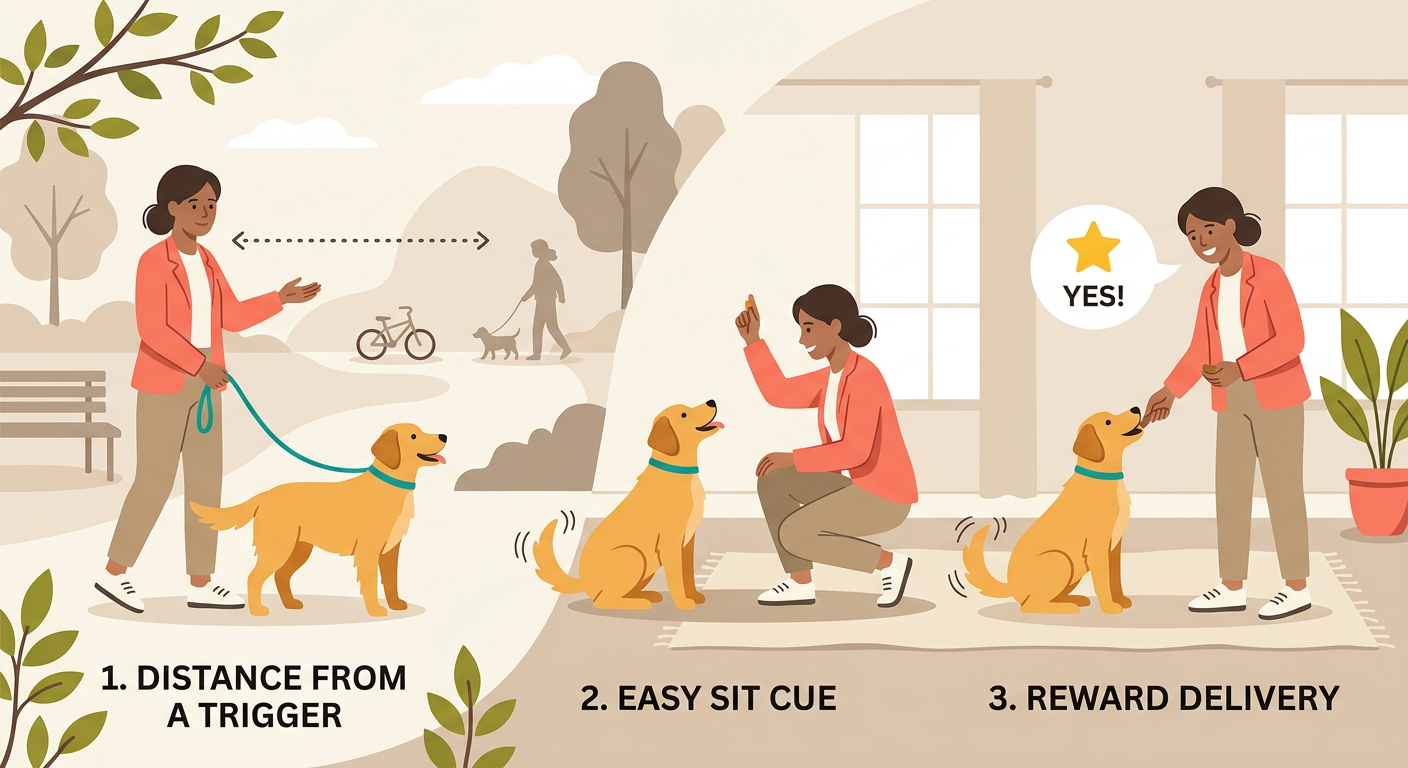 Clean, friendly editorial illustration of a dog trainer demonstrating three stages with a cheerful dog: distance from a tr...