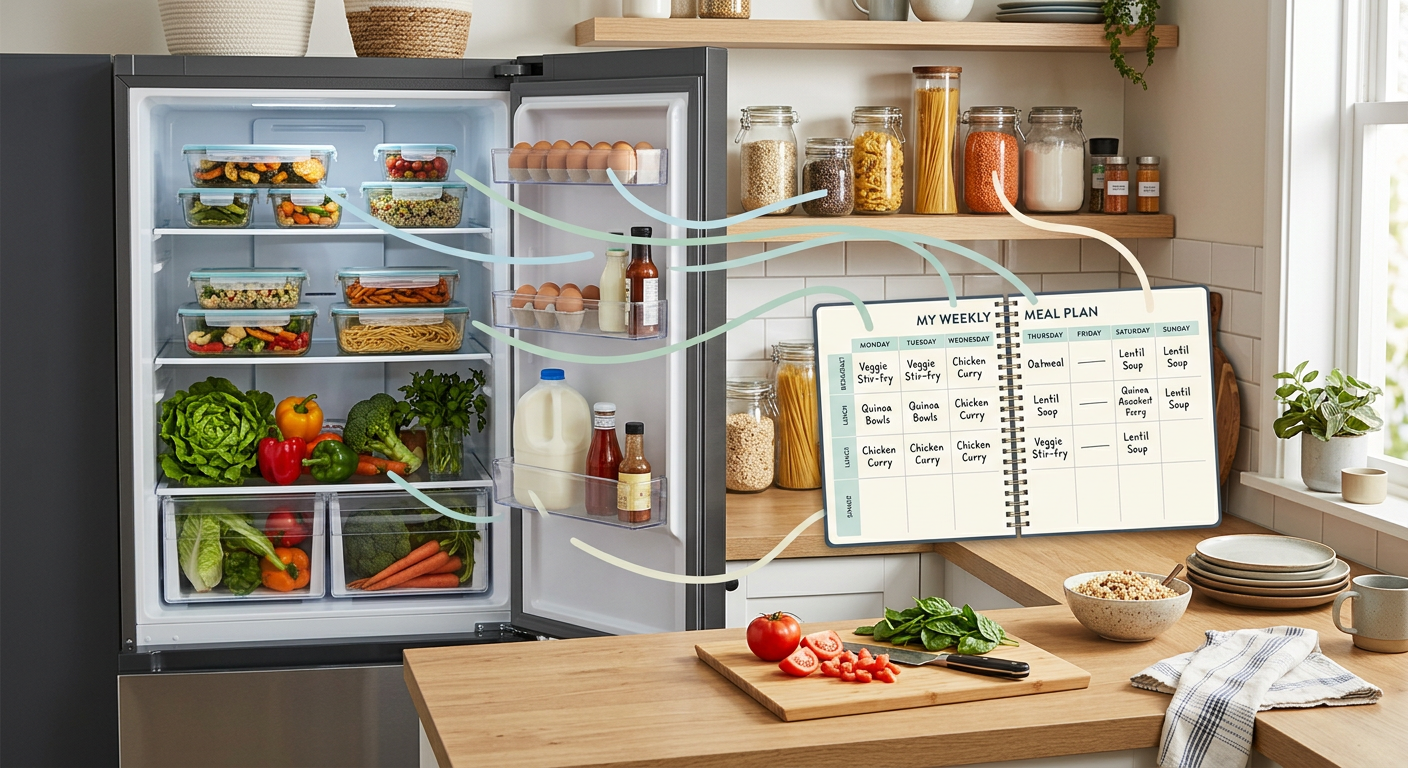 Clean modern illustration of a weekly meal plan beside an open refrigerator, with visible leftovers, vegetables, grains, a...
