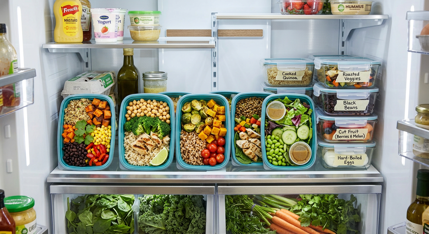 Photorealistic overhead view of colorful meal-prep containers holding grain bowls, roasted vegetables, beans, chicken, and...