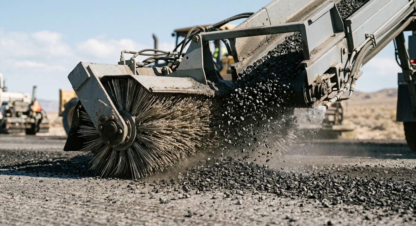 Photorealistic close-up of an unbranded mechanical broom sweeping coarse asphalt millings into an elevator on a Nevada roa...